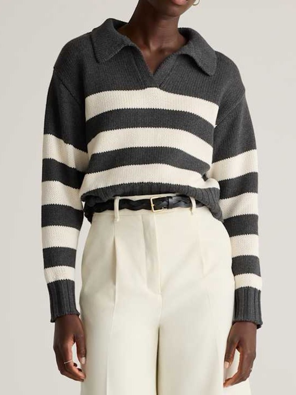 Quince 100% Organic Cropped Cotton Polo Sweater Size Small Striped Gray